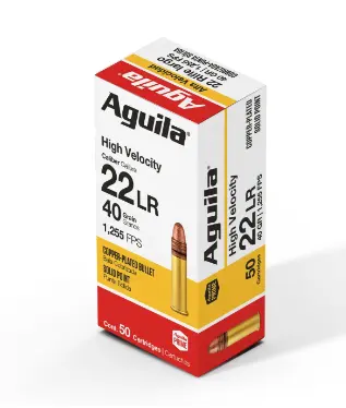 Box of Aguila .22 LR 40-grain solid-point rimfire cartridges (50 rounds) with visible product label and brass casings.