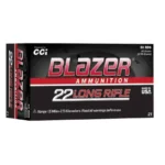 Box of CCI Blazer .22 LR 40-grain cartridges with visible product label and rimfire rounds in packaging.
