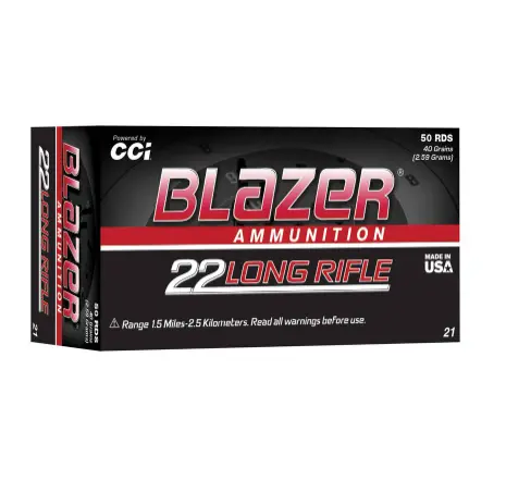 Box of CCI Blazer .22 LR 40-grain cartridges with visible product label and rimfire rounds in packaging.