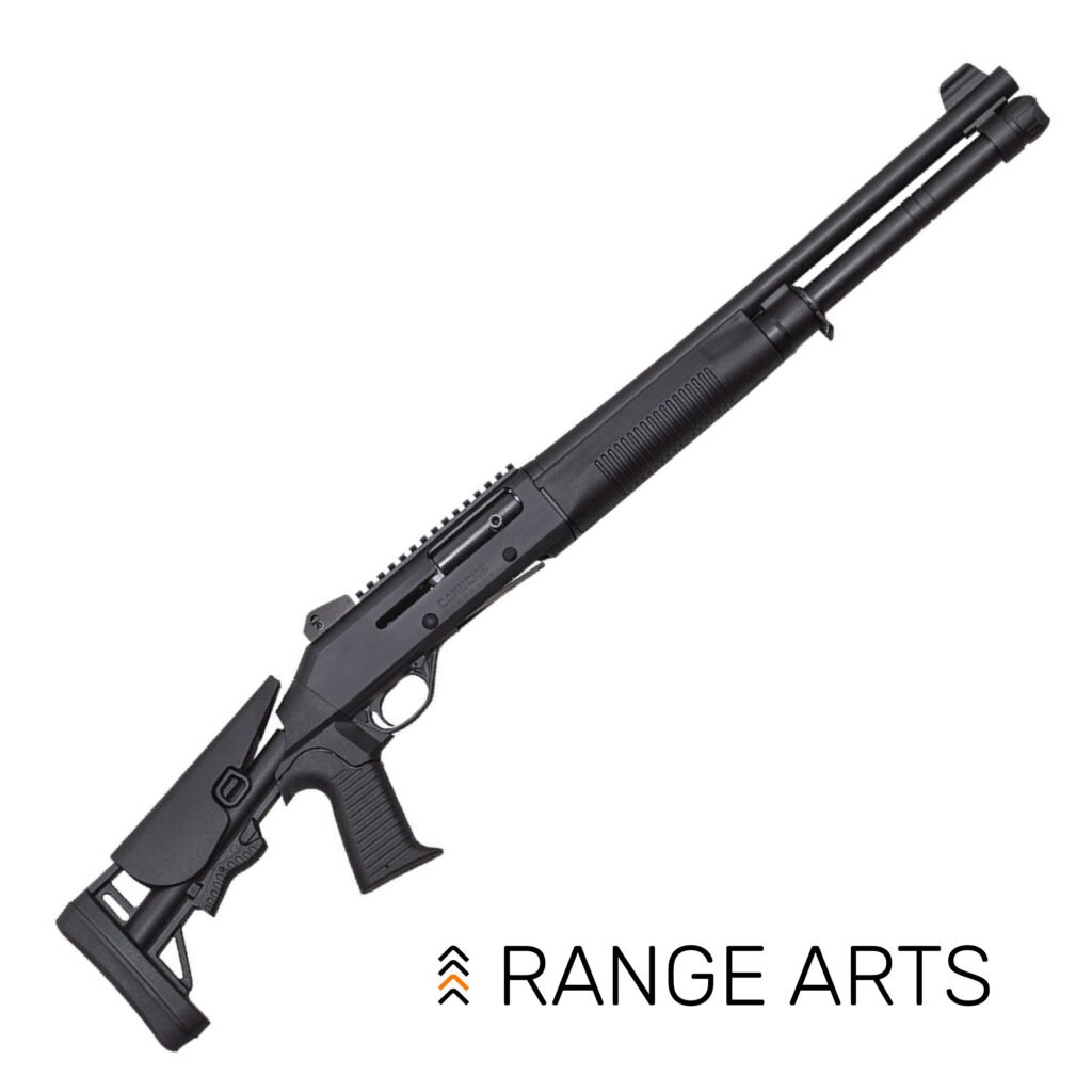 Canuck Operator Elite shotgun in black, 20-gauge — full-length view showing stock, receiver and barrel with visible product label and finish.