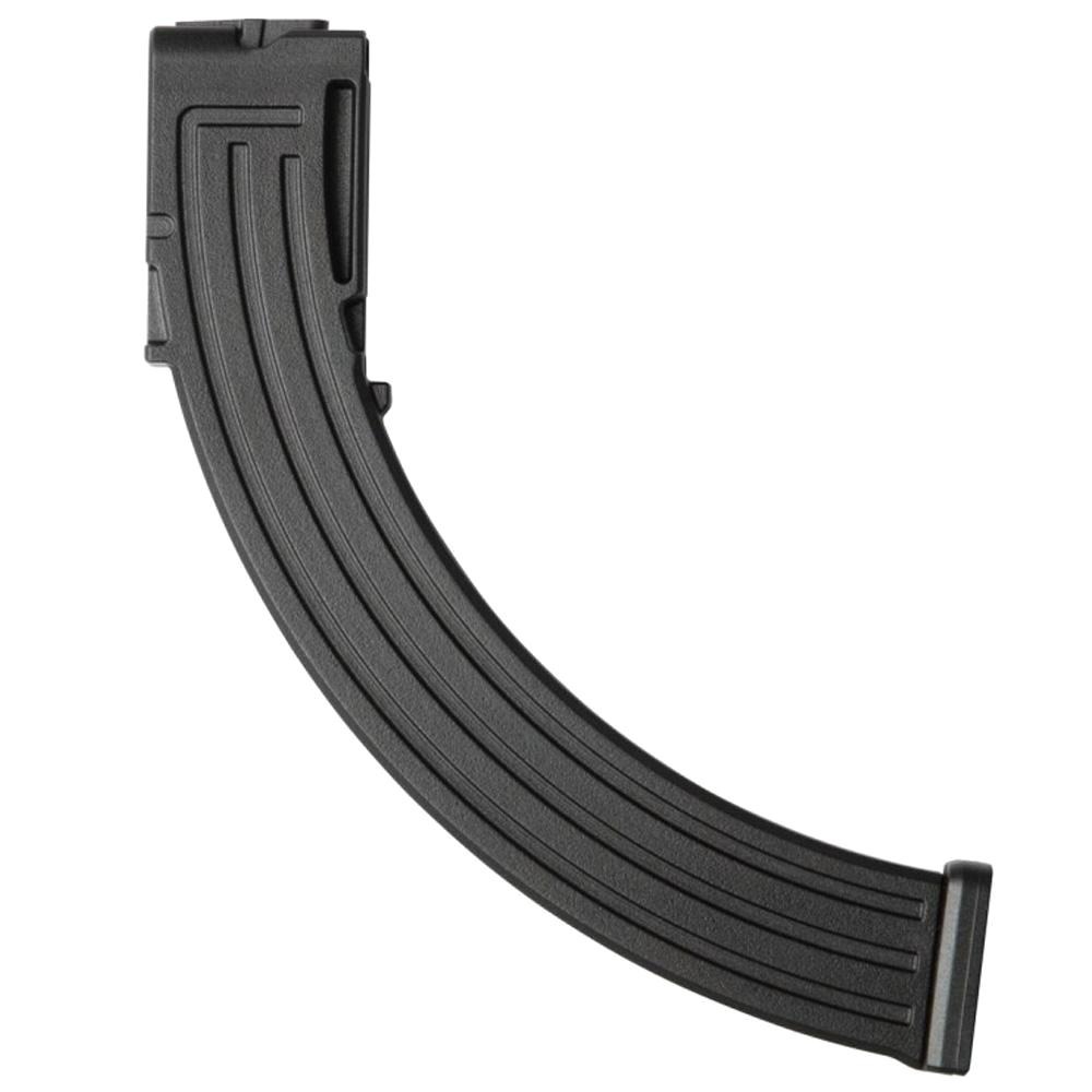 25-round polymer magazine for Derya TM-22 (.22 LR) with translucent polymer body, visible follower, ribbed baseplate, and retail packaging.