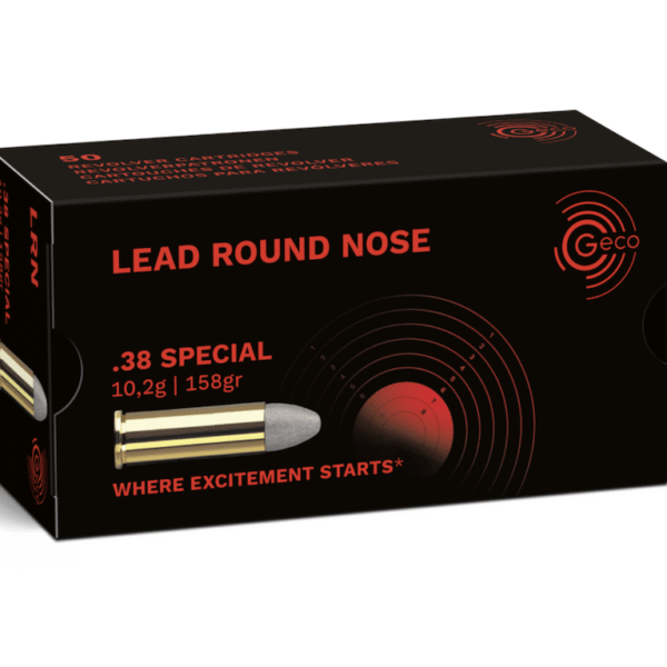 Box of Geco .38 Special 158-grain lead round-nose cartridges (50 rounds) with visible product label and brass casings.
