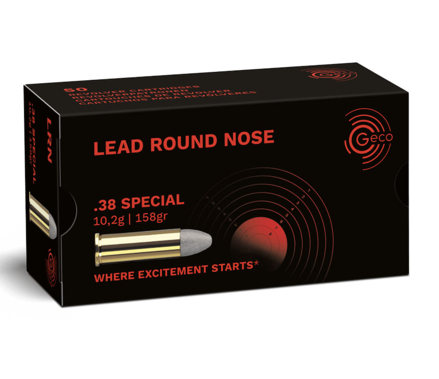 Box of Geco .38 Special 158-grain lead round-nose cartridges (50 rounds) with visible product label and brass casings.