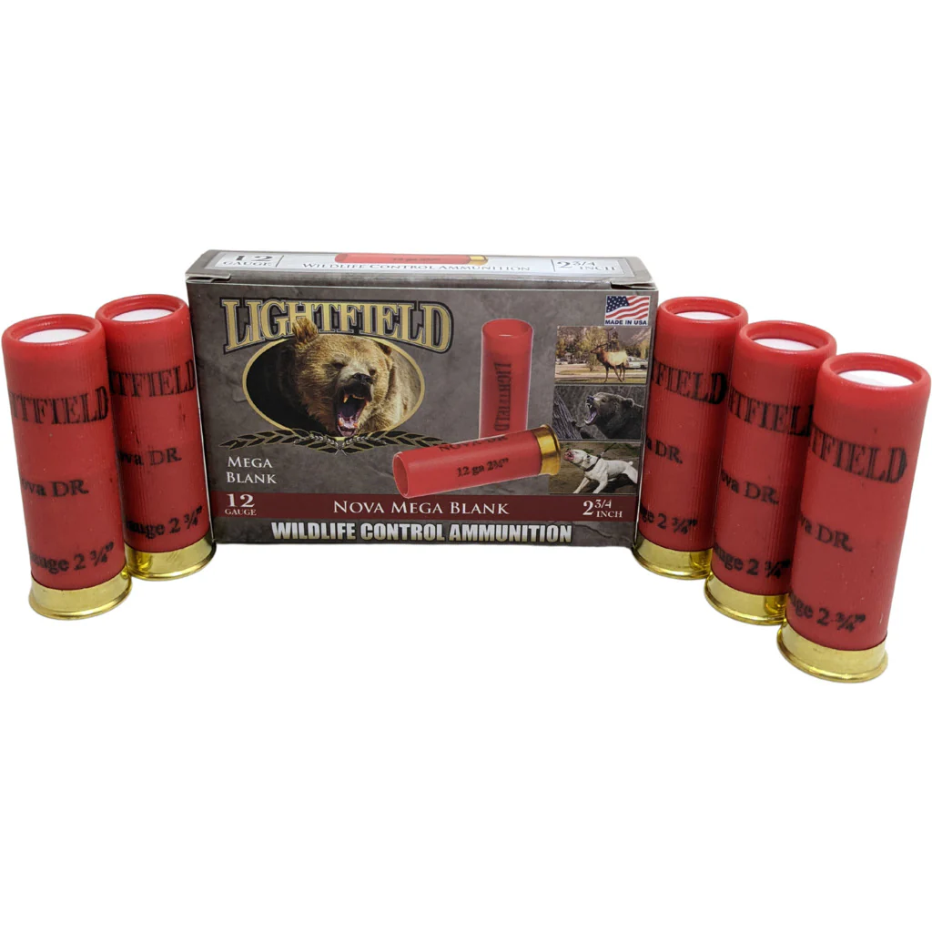Box of Lightfield 12-gauge 2.75" Nova blank shotshells with visible product label and plastic hulls.