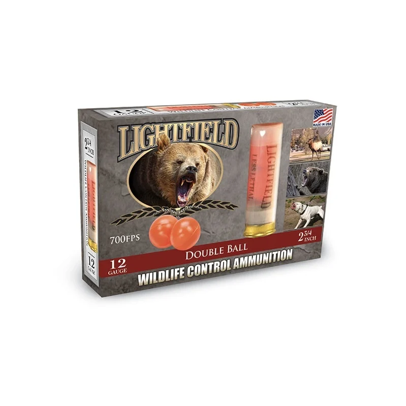 Box of Lightfield Wildlife 12-gauge 2¾" Double Ball shotshells with visible product label and twin spherical projectiles per shell.