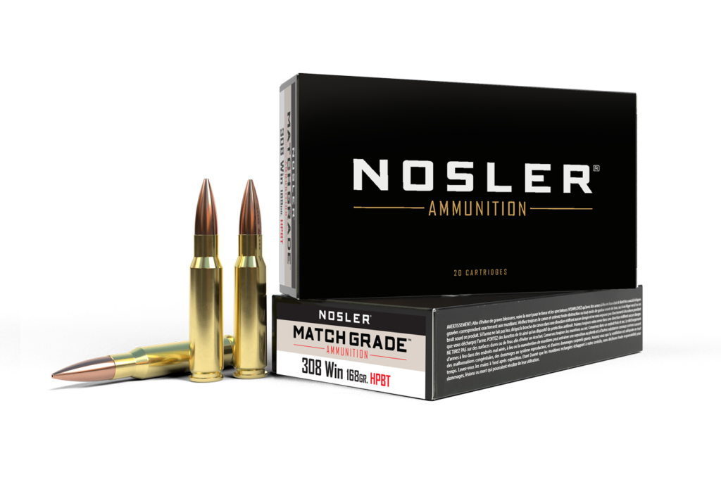 Box of Nosler .308 Winchester 168-grain Custom Competition HPBT (hollow-point boat-tail) match cartridges with visible product label and brass casings.