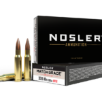 Box of Nosler .308 Winchester 168-grain Custom Competition HPBT (hollow-point boat-tail) match cartridges with visible product label and brass casings.