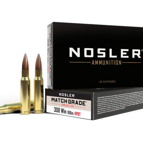 Box of Nosler .308 Winchester 168-grain Custom Competition HPBT (hollow-point boat-tail) match cartridges with visible product label and brass casings.