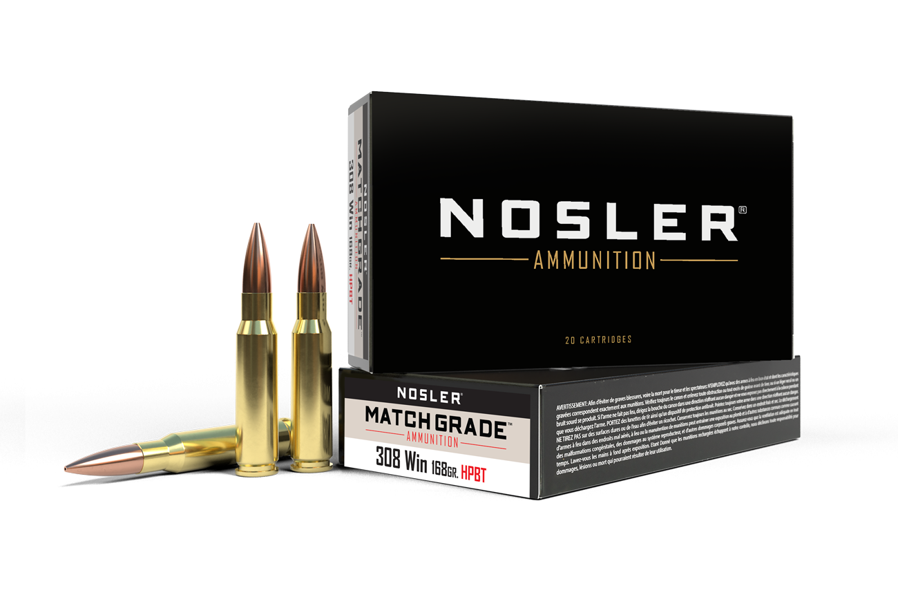 Box of Nosler .308 Winchester 168-grain Custom Competition HPBT (hollow-point boat-tail) match cartridges with visible product label and brass casings.