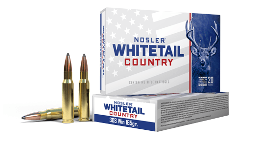 Box of Nosler Whitetail Country .308 Winchester 165-grain soft-base soft-point (SB-SP) hunting cartridges — 20 rounds, brass casings with visible product label.