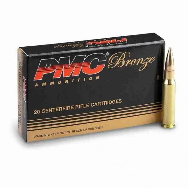 Box of PMC .308 Winchester 147-grain full metal jacket boat-tail cartridges (20 rounds) with visible product label and brass casings.