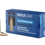 Box of PPU .223 Remington 55gr boat-tail full metal jacket cartridges (20 rounds) with visible product label and brass casings.