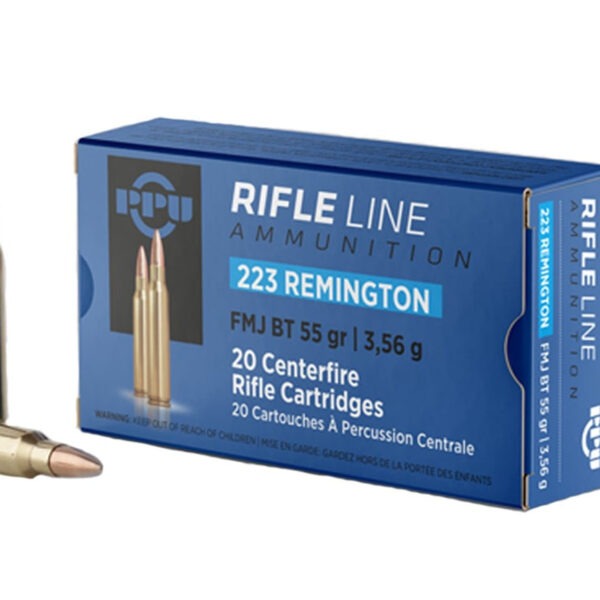 Box of PPU .223 Remington 55gr boat-tail full metal jacket cartridges (20 rounds) with visible product label and brass casings.