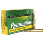 Box of Remington .30-06 Springfield 150-grain pointed soft point (PSP) cartridges with visible product label and brass casings.