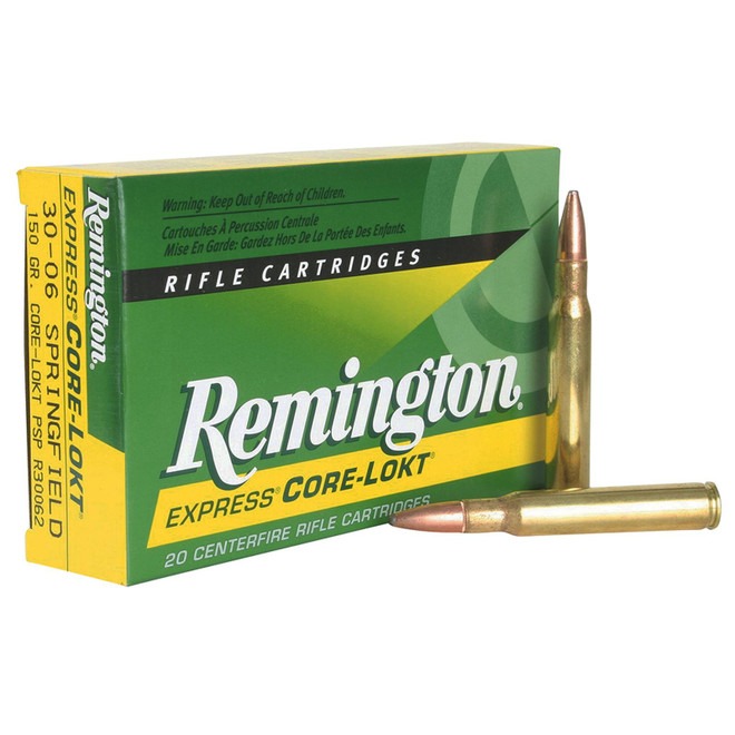 Box of Remington .30-06 Springfield 150-grain pointed soft point (PSP) cartridges with visible product label and brass casings.