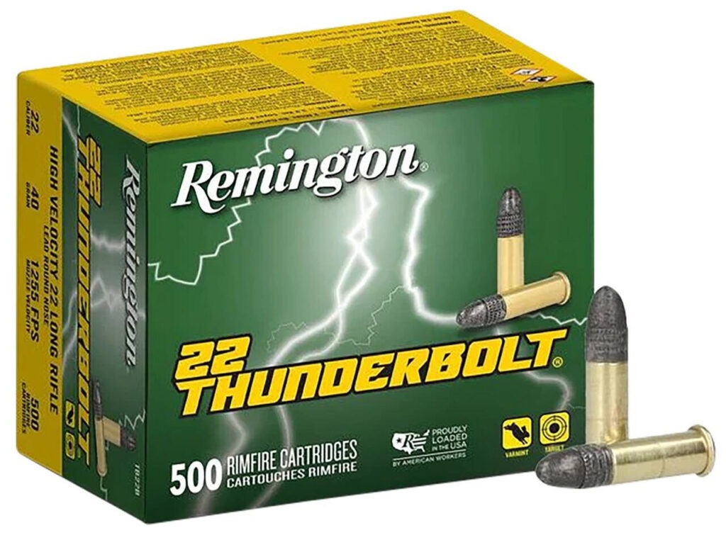 500-round pack of Remington Thunderbolt .22 LR rimfire cartridges with printed product label and visible brass casings.