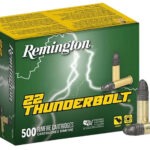 500-round pack of Remington Thunderbolt .22 LR rimfire cartridges with printed product label and visible brass casings.