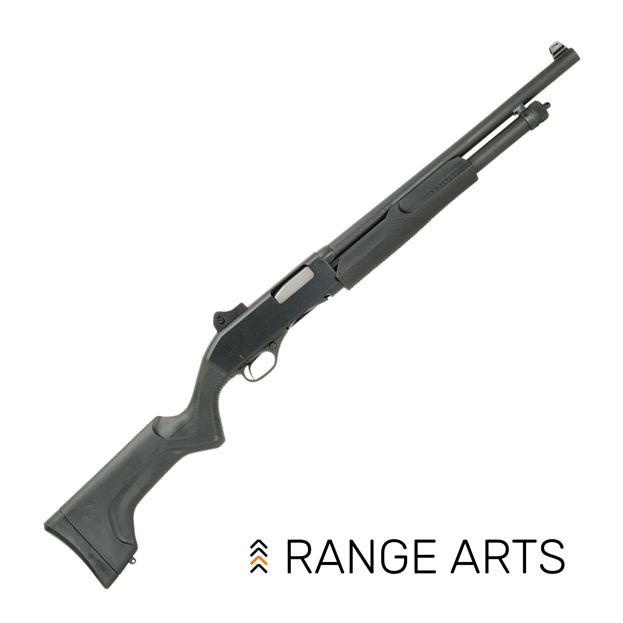 Stevens 320 Security 12GA 18.5" pump shotgun — synthetic stock with pistol grip and ghost-ring sights at Range Arts.