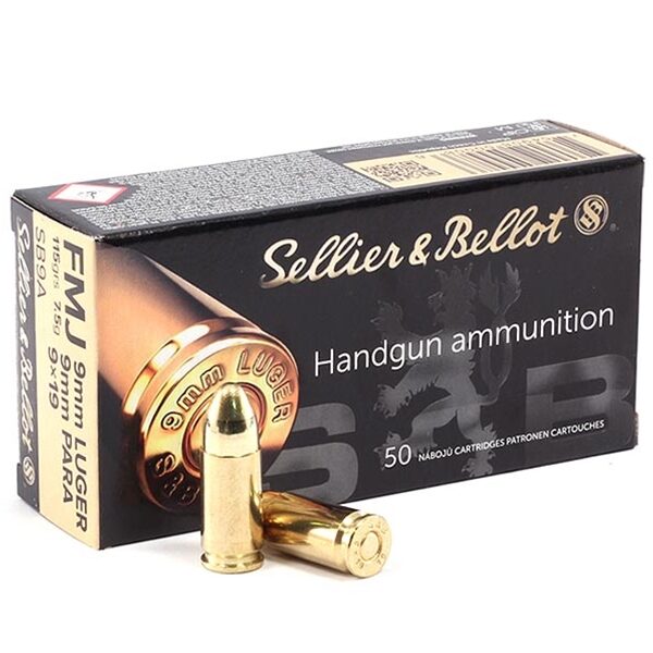 Box of Sellier & Bellot 9mm 115-grain full metal jacket cartridges with brass casings and visible product label.