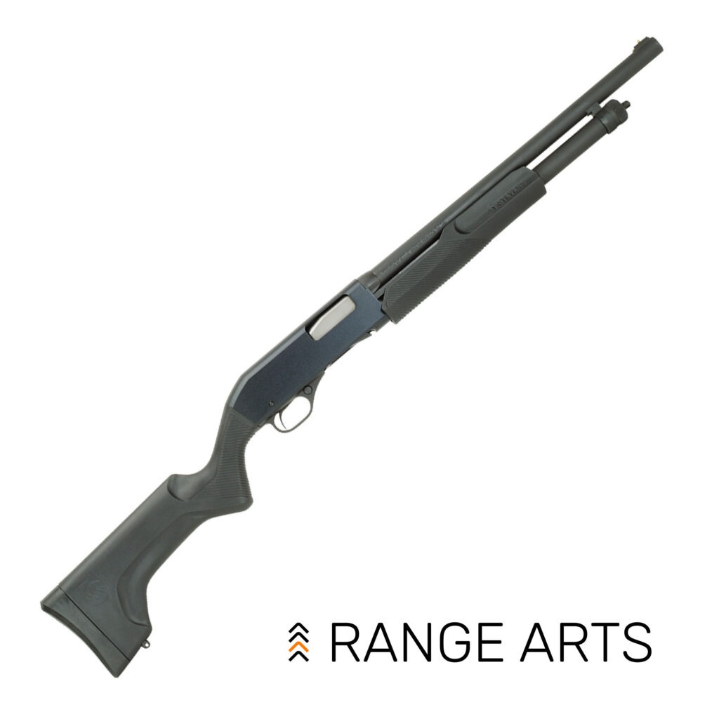 Stevens 320 Security 12GA 18.5" pump shotgun — matte black finish with synthetic stock at Range Arts.