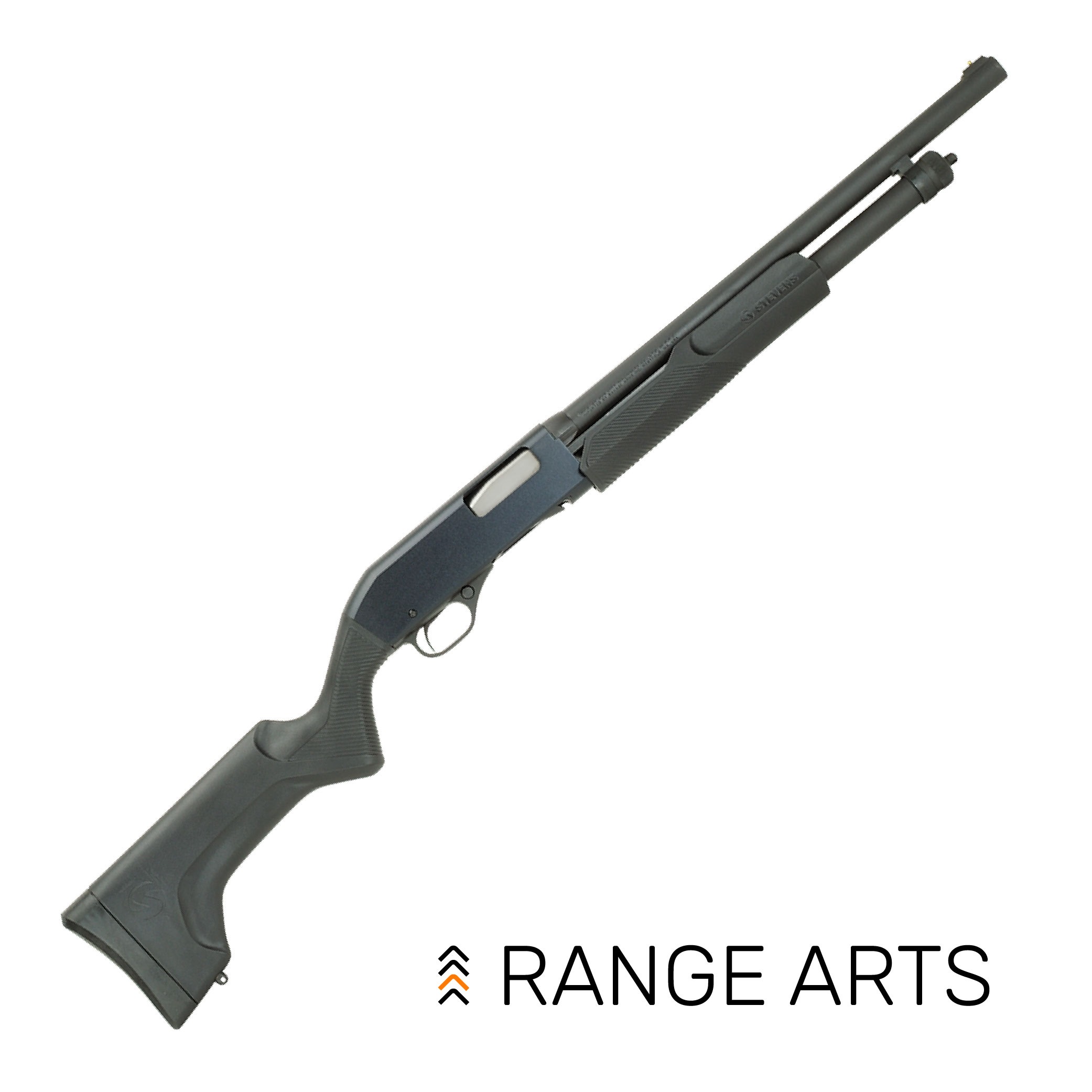 Stevens 320 Security 12GA 18.5" pump shotgun — matte black finish with synthetic stock at Range Arts.