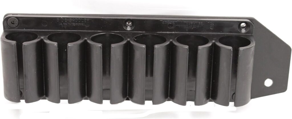 TacStar 6-shot side saddle for Mossberg 500/590/590DA/Maverick — anodized metal carrier with six cartridge loops, mounting hardware, and visible product label.