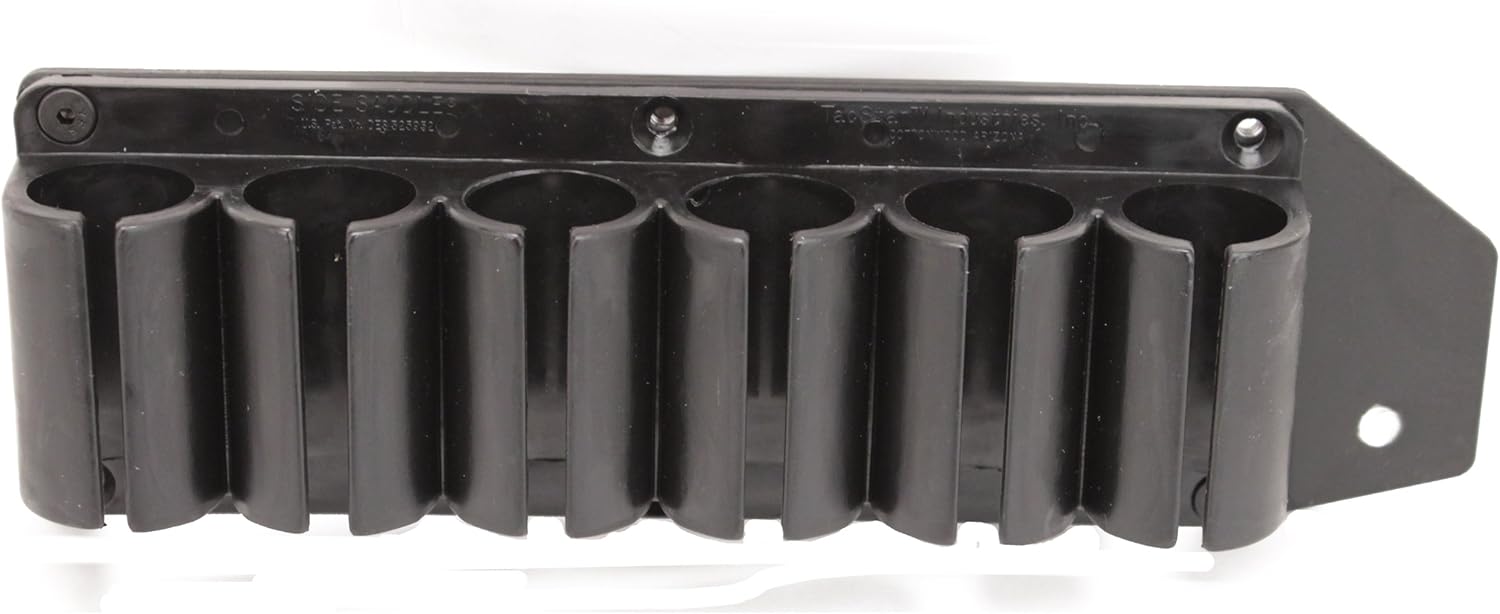 TacStar 6-shot side saddle for Mossberg 500/590/590DA/Maverick — anodized metal carrier with six cartridge loops, mounting hardware, and visible product label.
