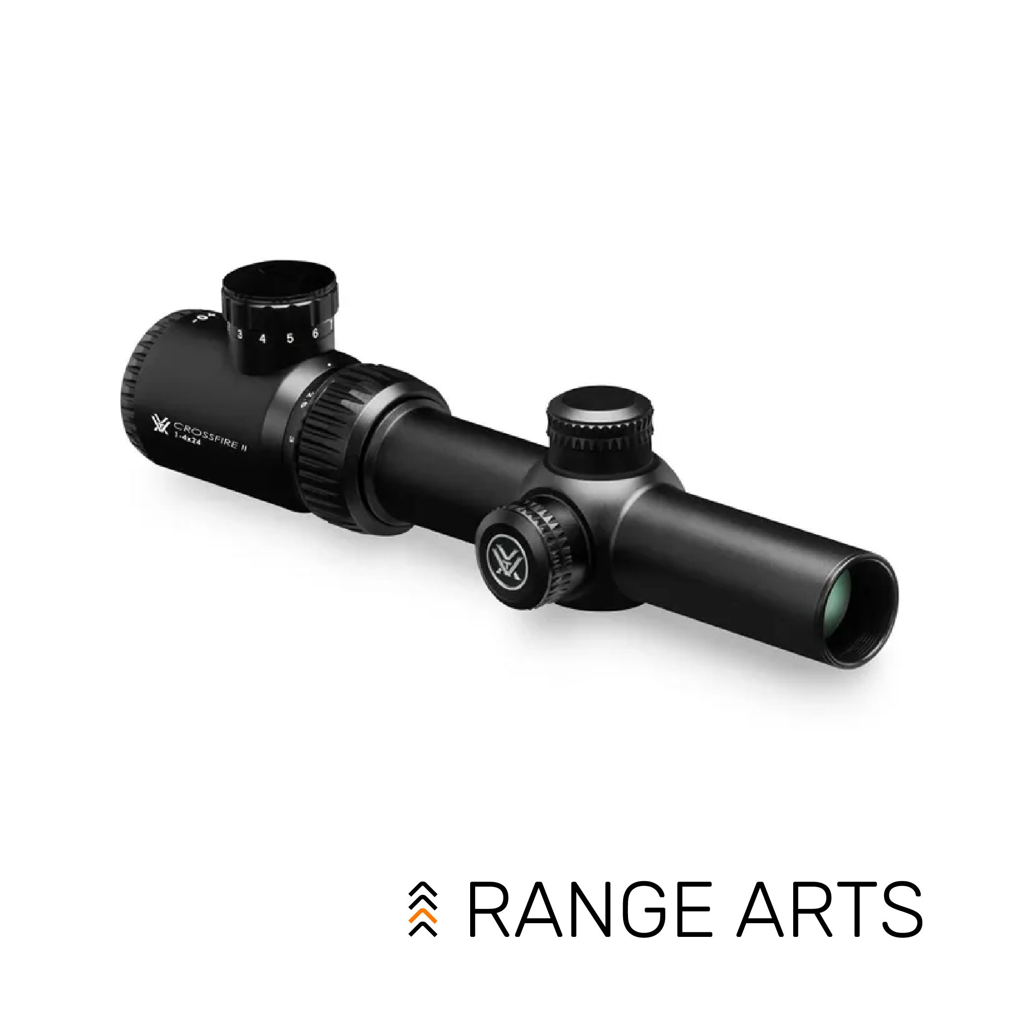 Vortex Crossfire II 1–4x24 Riflescope with V-Brite illuminated reticle – 30mm tube, fast-acquisition optic for AR and close-range shooting at Range Arts.