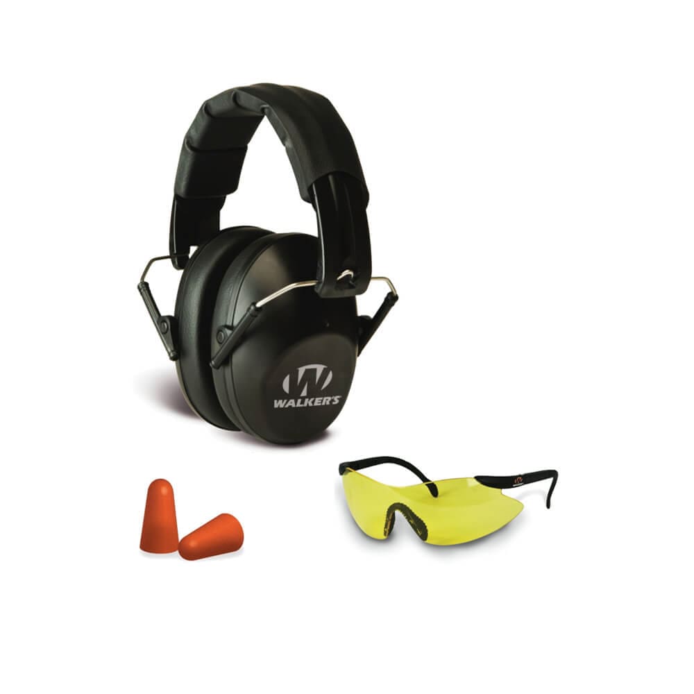 Walker’s Pro Safety Combo Kit — earmuffs, shooting glasses, and foam earplugs, black/clear lightweight range safety set.