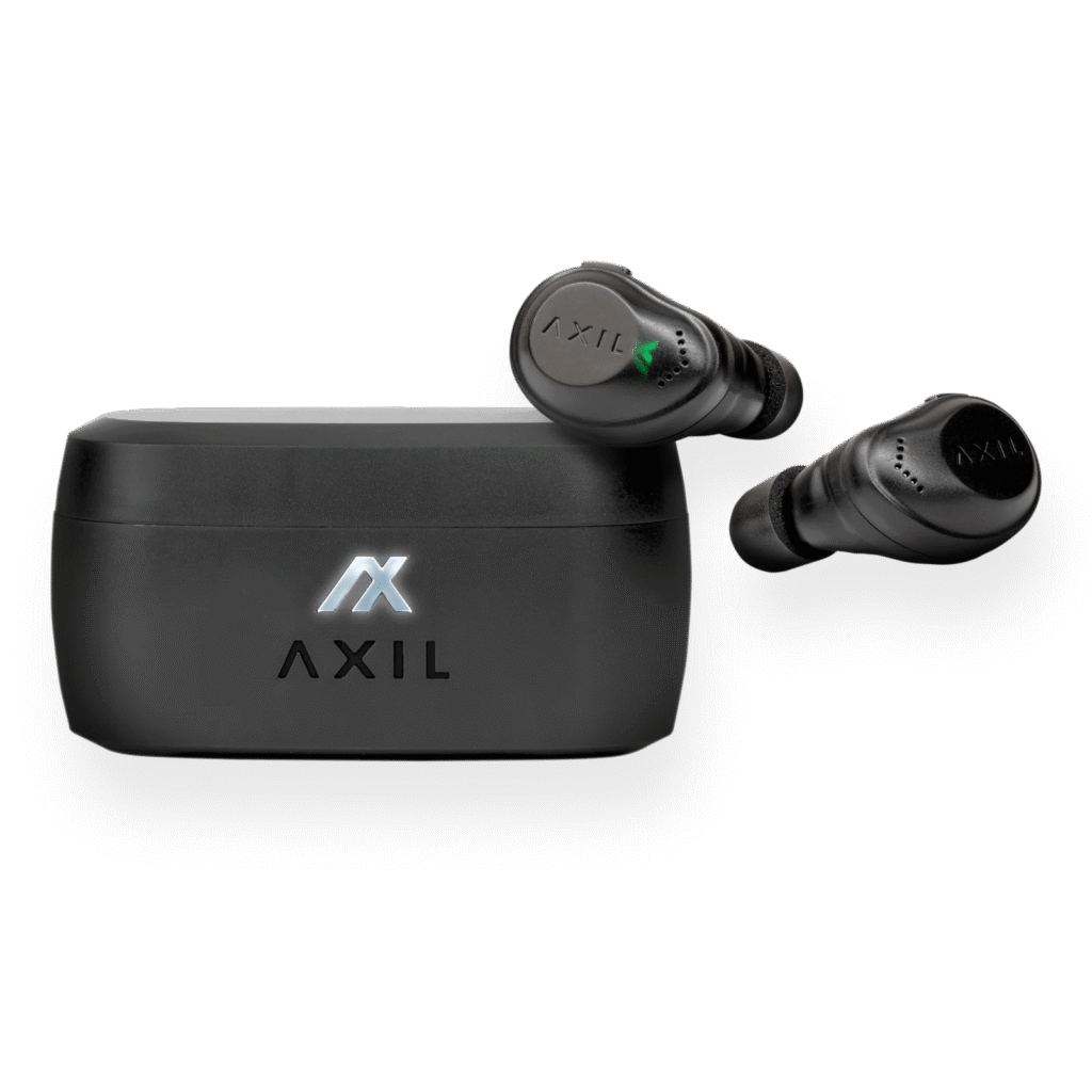 AXIL XCOR 4-in-1 Wireless EarPro Buds — electronic hearing protection earbuds with Bluetooth, sound enhancement, and noise reduction, black/grey.