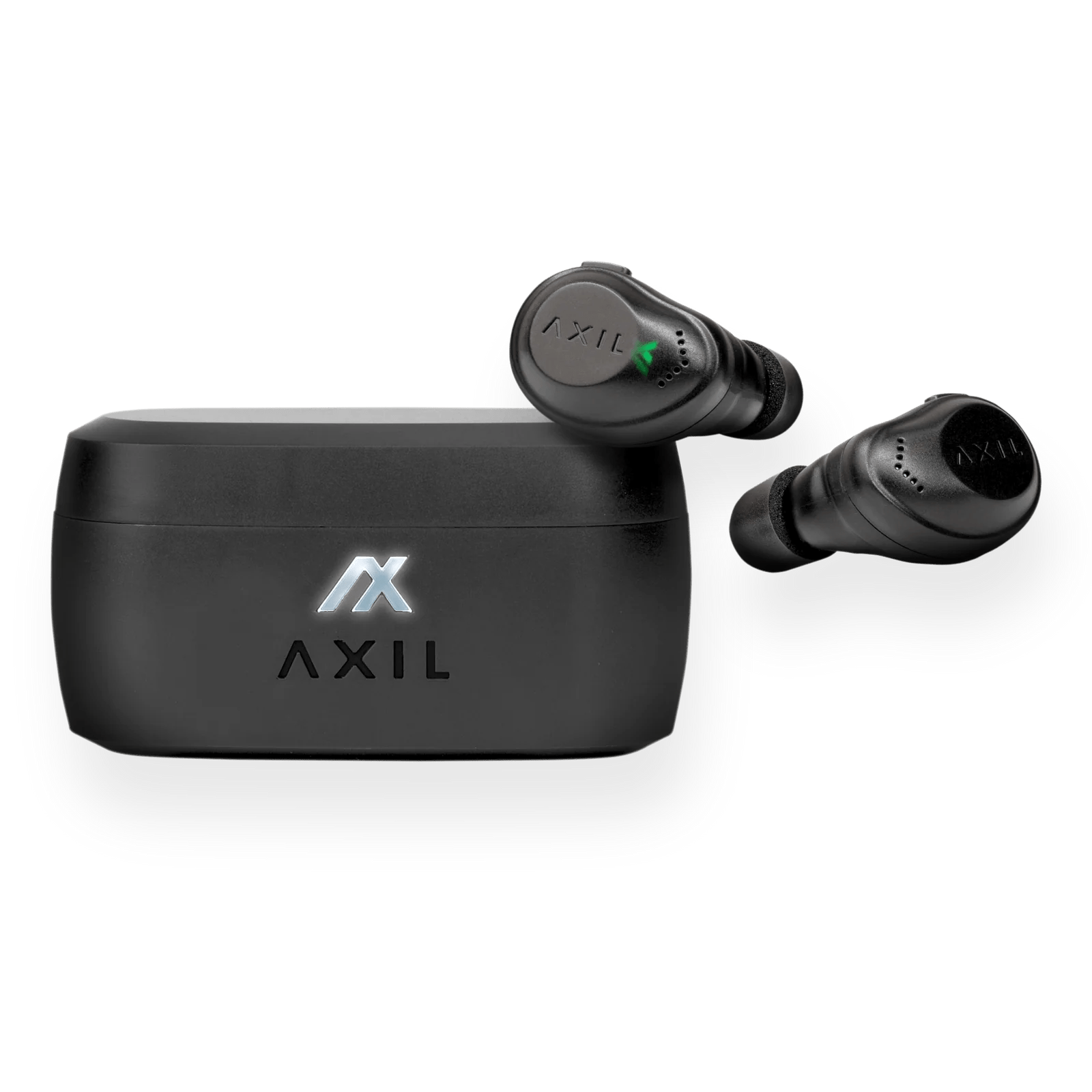 AXIL XCOR 4-in-1 Wireless EarPro Buds — electronic hearing protection earbuds with Bluetooth, sound enhancement, and noise reduction, black/grey.
