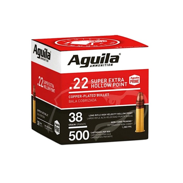 Aguila High Velocity .22LR 38gr Hollow Point — 500-round bulk pack, brass-cased rimfire ammunition for plinking and small game.