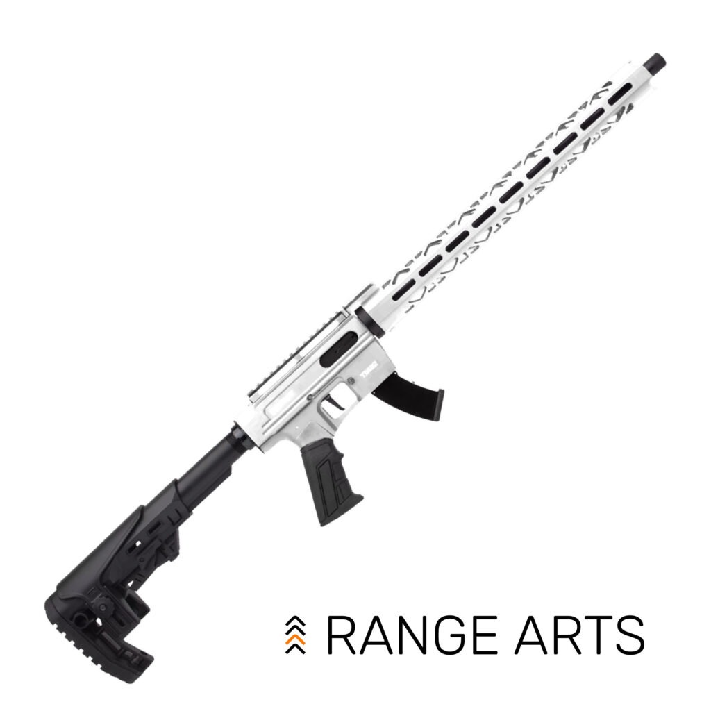 Derya TM22 .22LR Semi-Auto Rifle — aluminum chassis, 18" barrel, AR-style controls, adjustable stock, white.