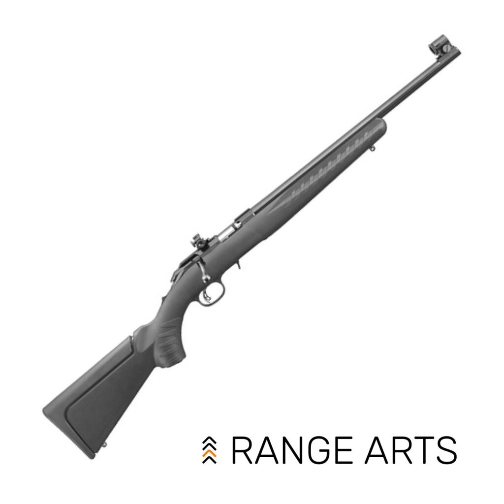 Ruger American Rimfire Compact .22 LR bolt-action rifle with 18-inch barrel and Williams Peep Sight, synthetic stock, photographed on white at Range Arts.