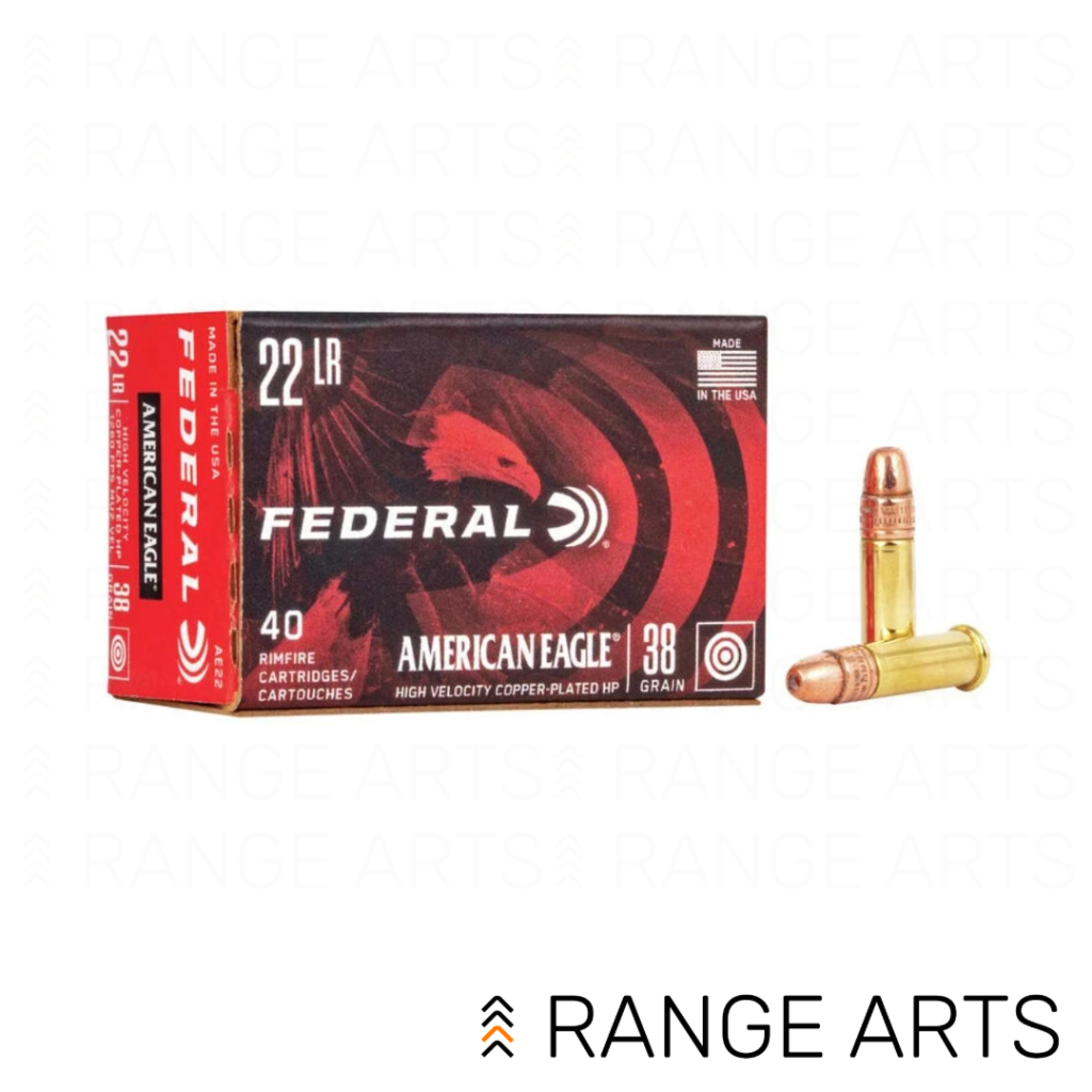 Federal American Eagle 22LR high velocity 38 grain copper plated rimfire ammunition 40 round box at Range Arts