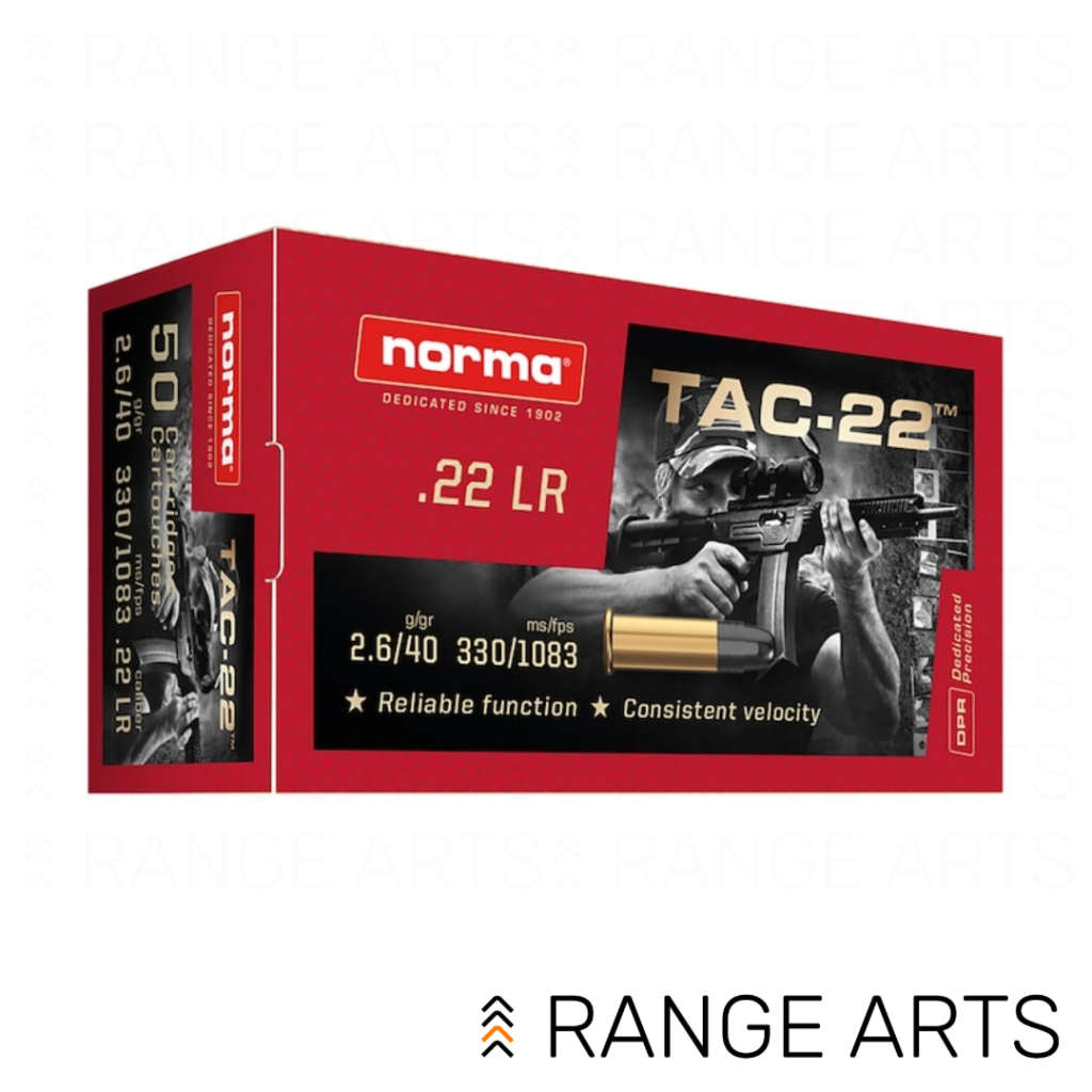 Norma TAC-22 .22LR 40 grain lead round nose rimfire ammunition 50 round box at Range Arts