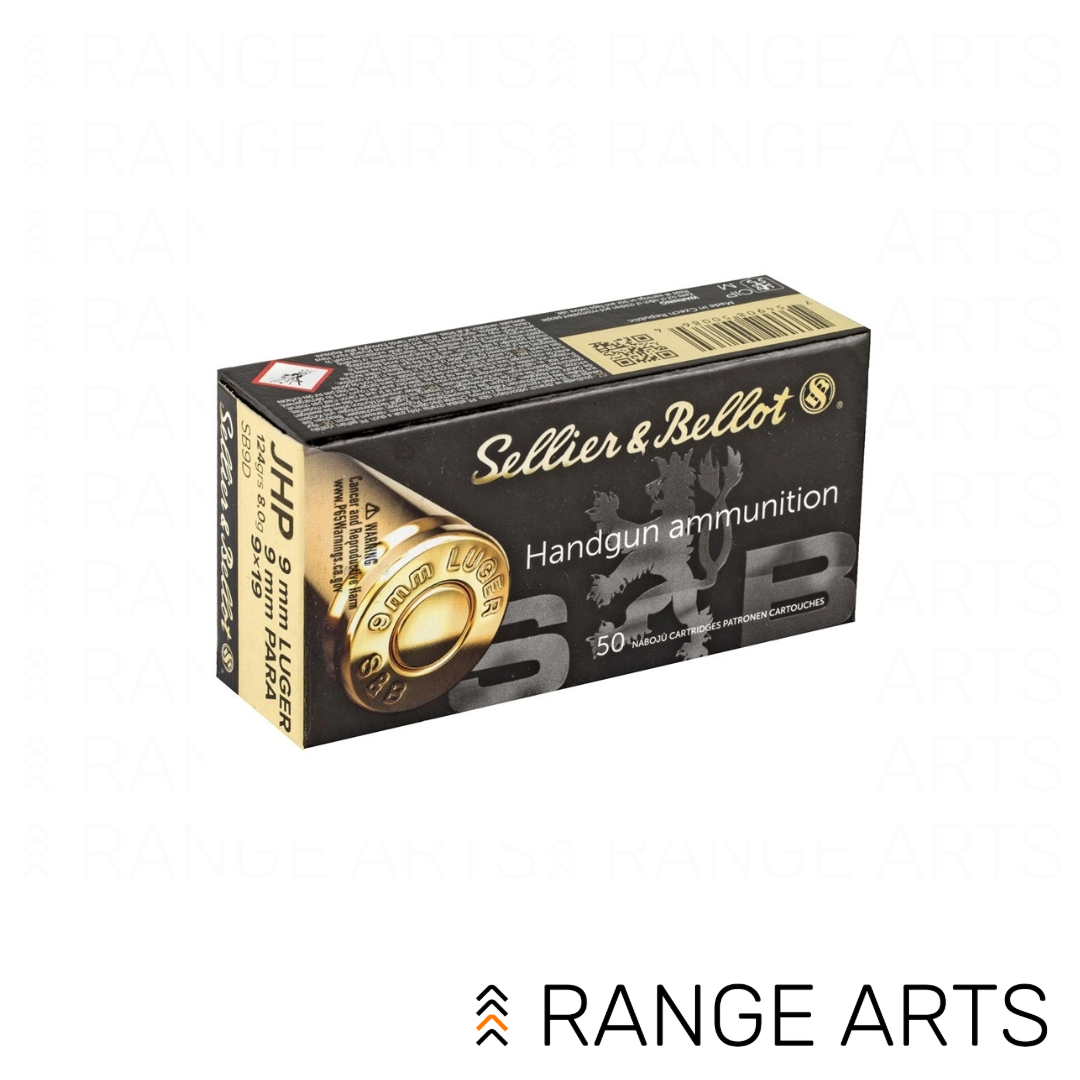 Sellier & Bellot 9mm 124 grain FMJ handgun ammunition 50 round box at Range Arts