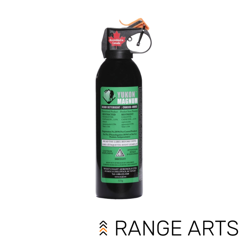 Yukon Magnum Bear Deterrent spray canisters in 225g and 325g sizes for backcountry wildlife protection at Range Arts