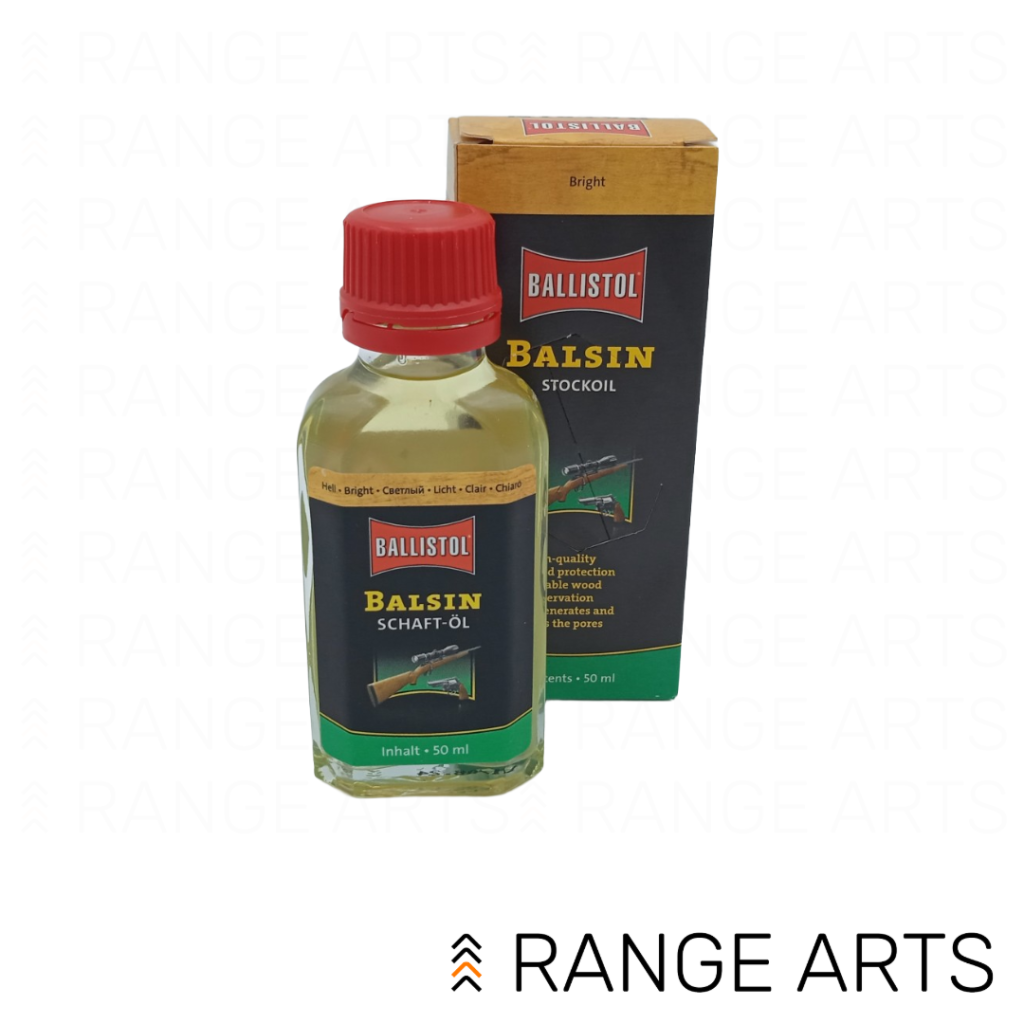 Ballistol Balsin Stock Oil Bright 50ml for firearm stock care and wood protection at Range Arts