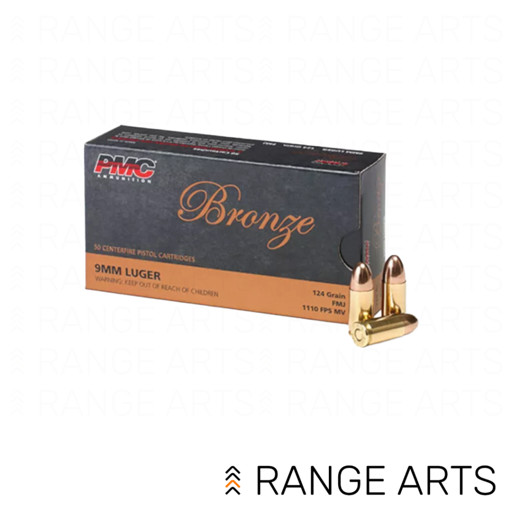 PMC Bronze 9mm Luger 124 grain FMJ 50 round ammunition box at Range Arts